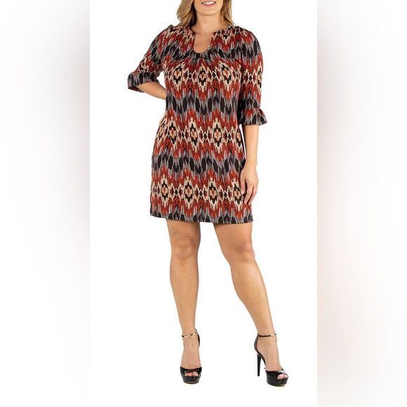 Aryeh Elbow 3/4 Sleeve Abstract Print Knit Shift Dress Brown Orange Size XL - Picture 1 of 9